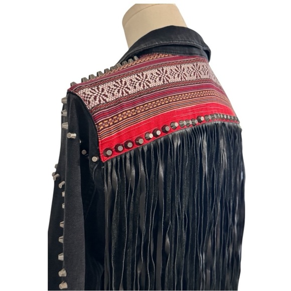 GUESS Black Denim Jean Jacket Leather Fringe Studded Size M Western Concert Stud - Picture 3 of 10